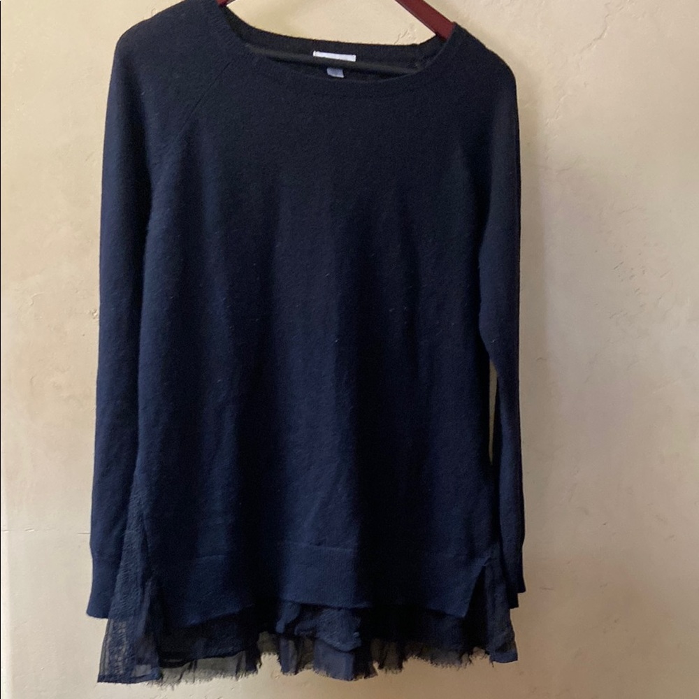 Sz M Garnet Hill Black Long Sleeve 100% Cashmere Sweater w/Ruffle Hem